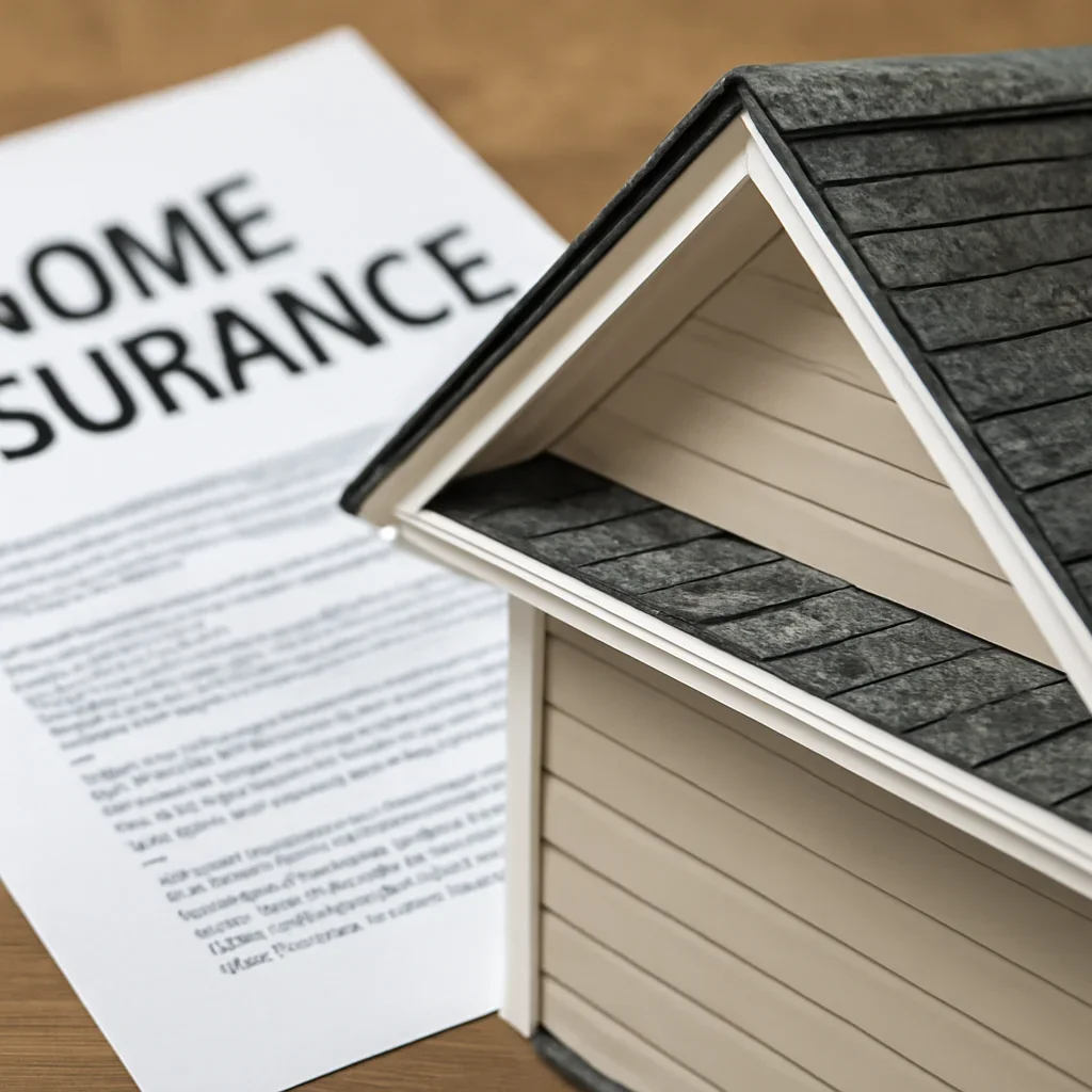 Close-up visual related to home insurance roof requirements when buying a house with paperwork and roof details