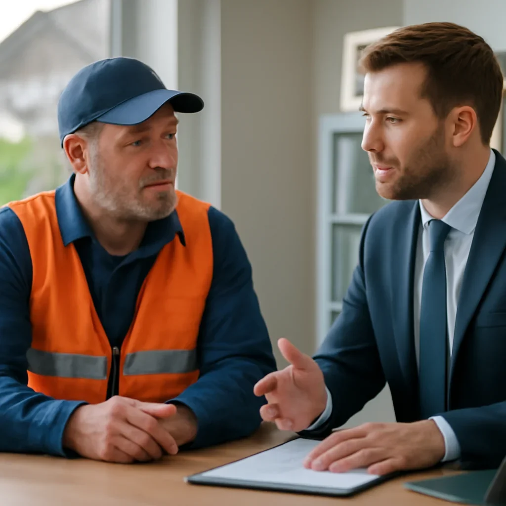 Roofing business owner discussing next coverage steps with an insurance advisor