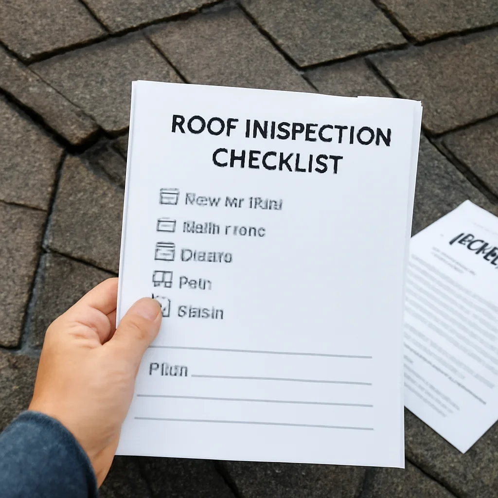 Close-up visual related to a roof inspection checklist after a storm with paperwork and roof details