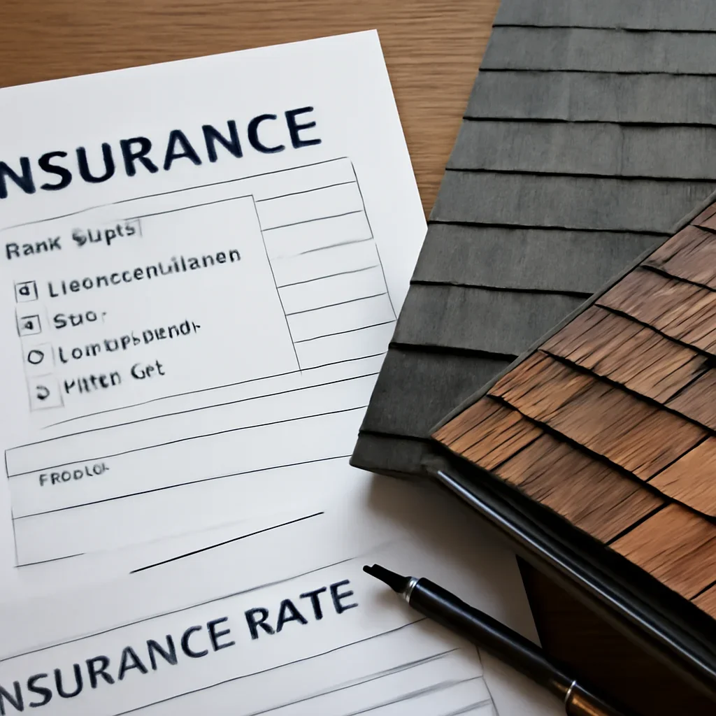 Close-up visual related to roof types that affect insurance rates with paperwork and roof details