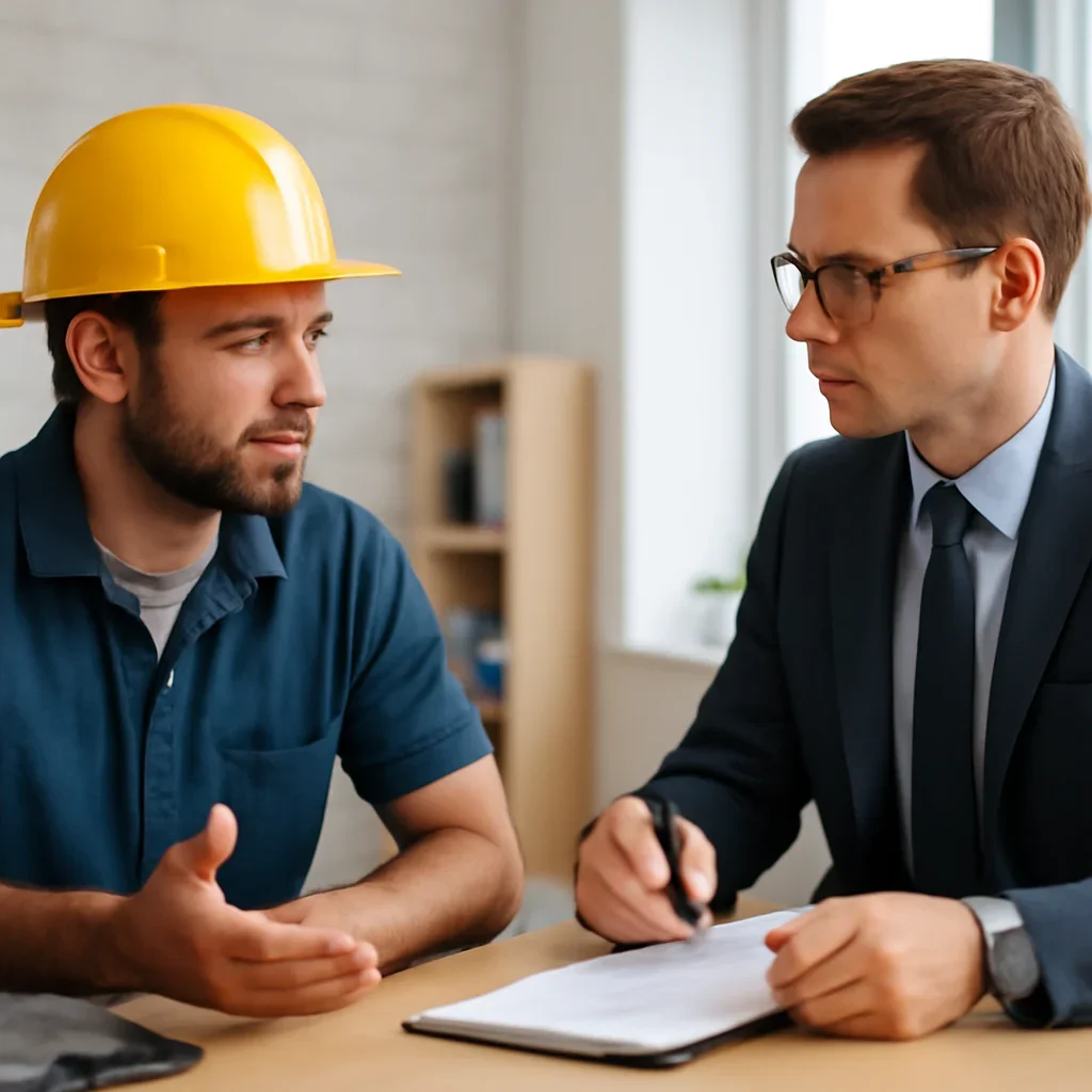 Roofing business owner discussing next coverage steps with an insurance advisor