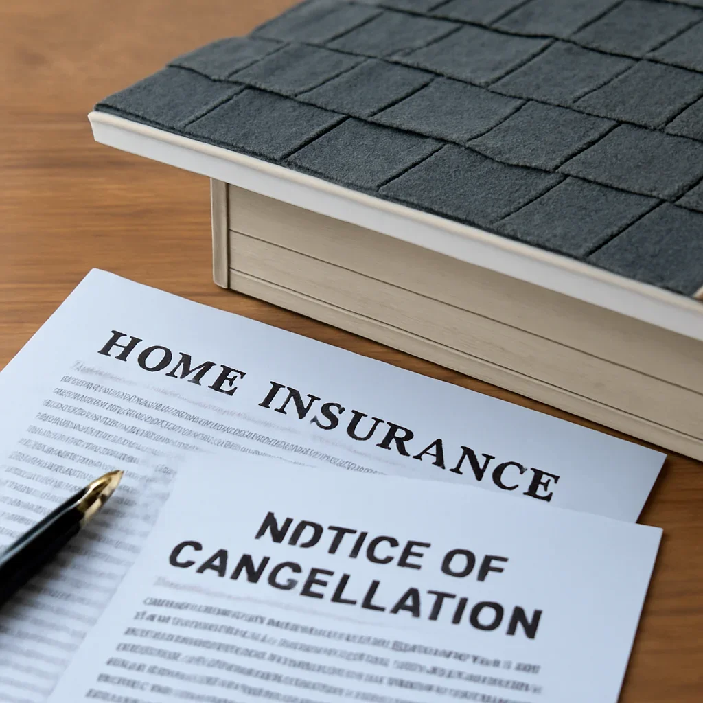 Close-up visual related to what to do if home insurance is cancelled because of your roof with paperwork and roof details