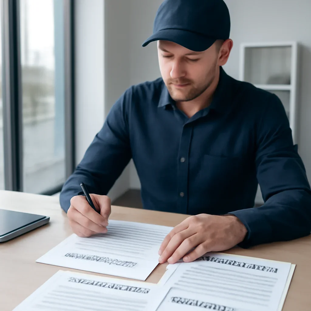 Roofing business reviewing insurance documents related to contractual liability roofing agreements