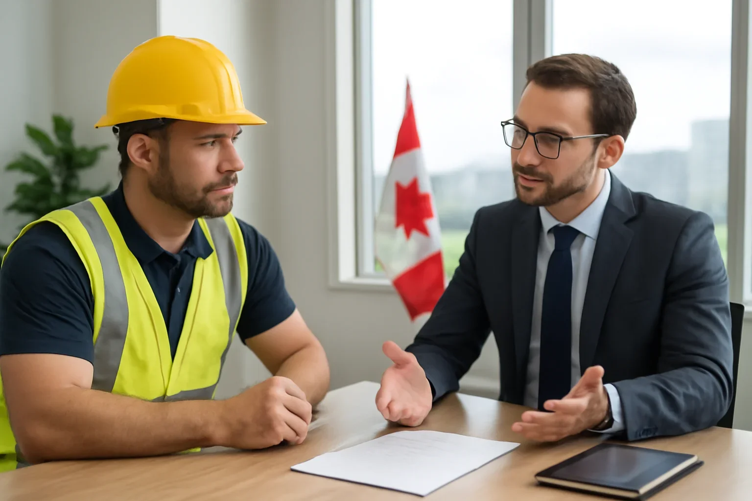 Hot Tar Roofing Insurance in Canada discussion with a roofing contractor and insurance advisor