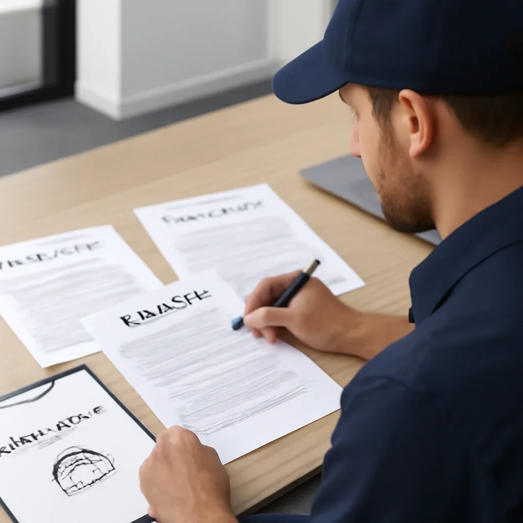 Roofing business reviewing insurance documents related to licensed and insured roofer