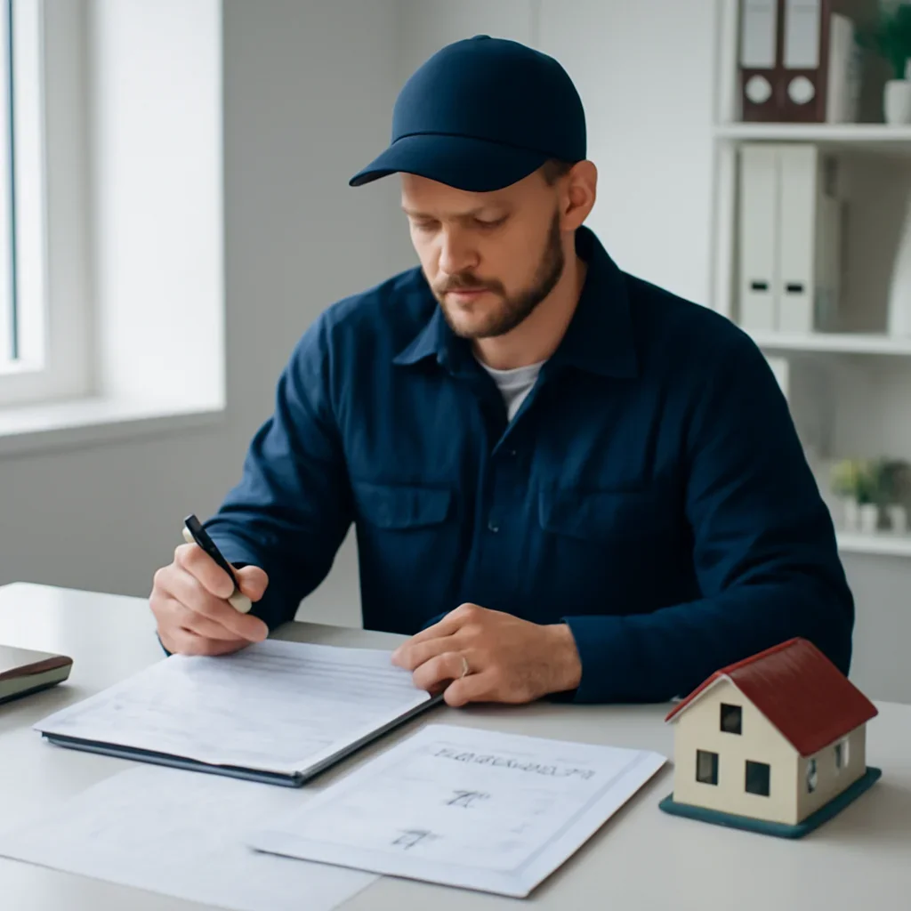 Roofing business reviewing insurance documents related to roofing insurance adjuster