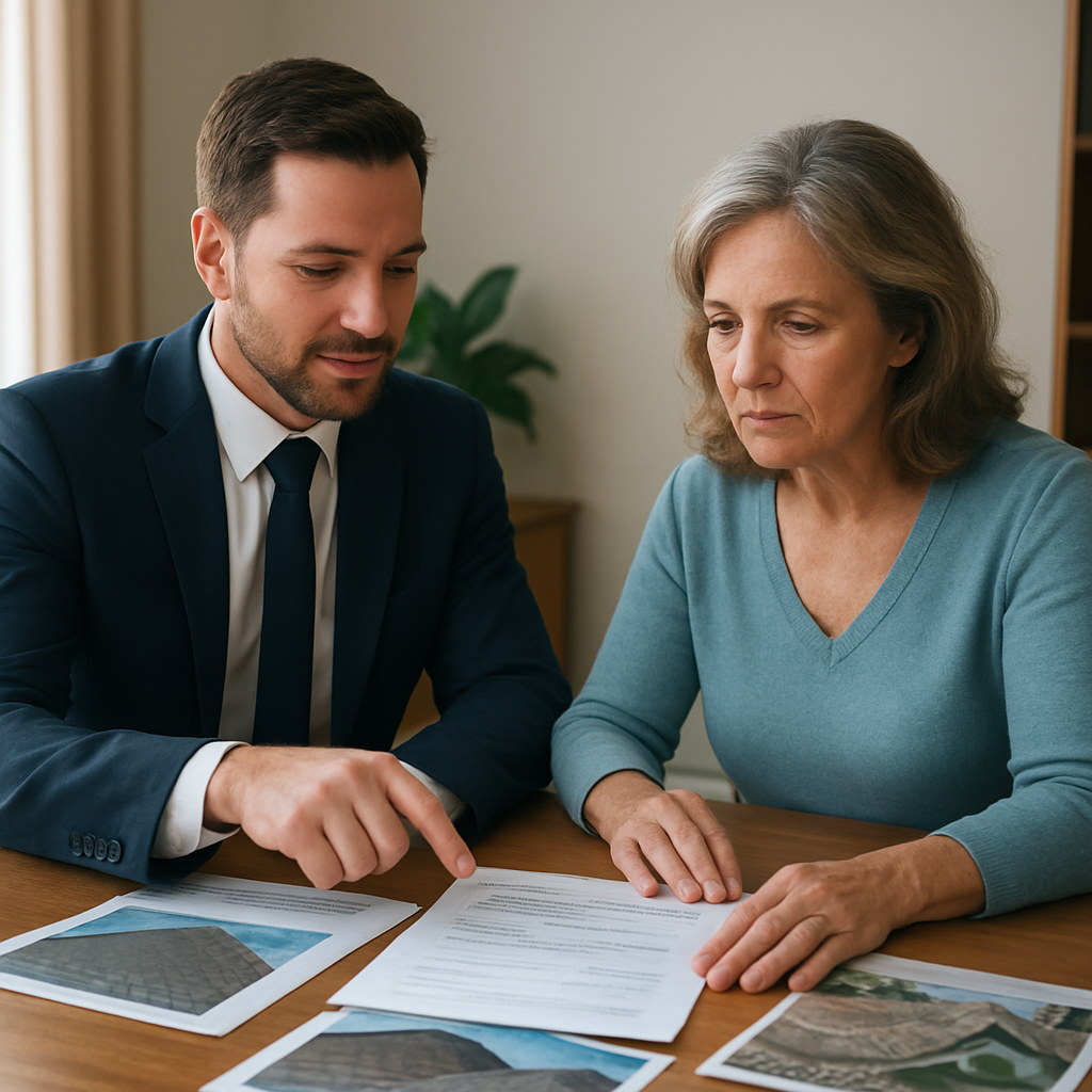 Insurance advisor helping an Alberta property owner compare roofing insurance options