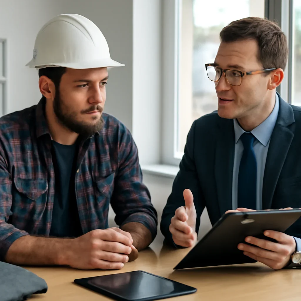 Roofing business owner discussing next coverage steps with an insurance advisor