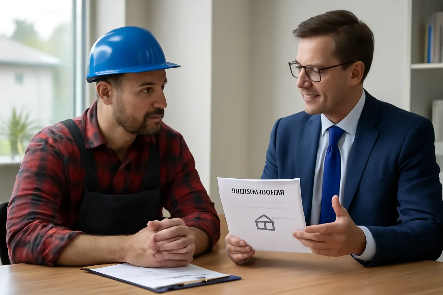 Roofing business owner meeting with an insurance advisor about business coverage