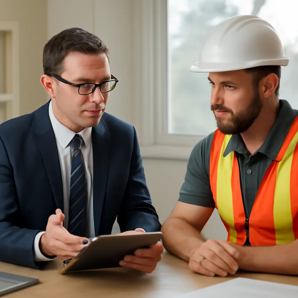 Advisor and roofing company owner discussing policy requirements and jobsite risk