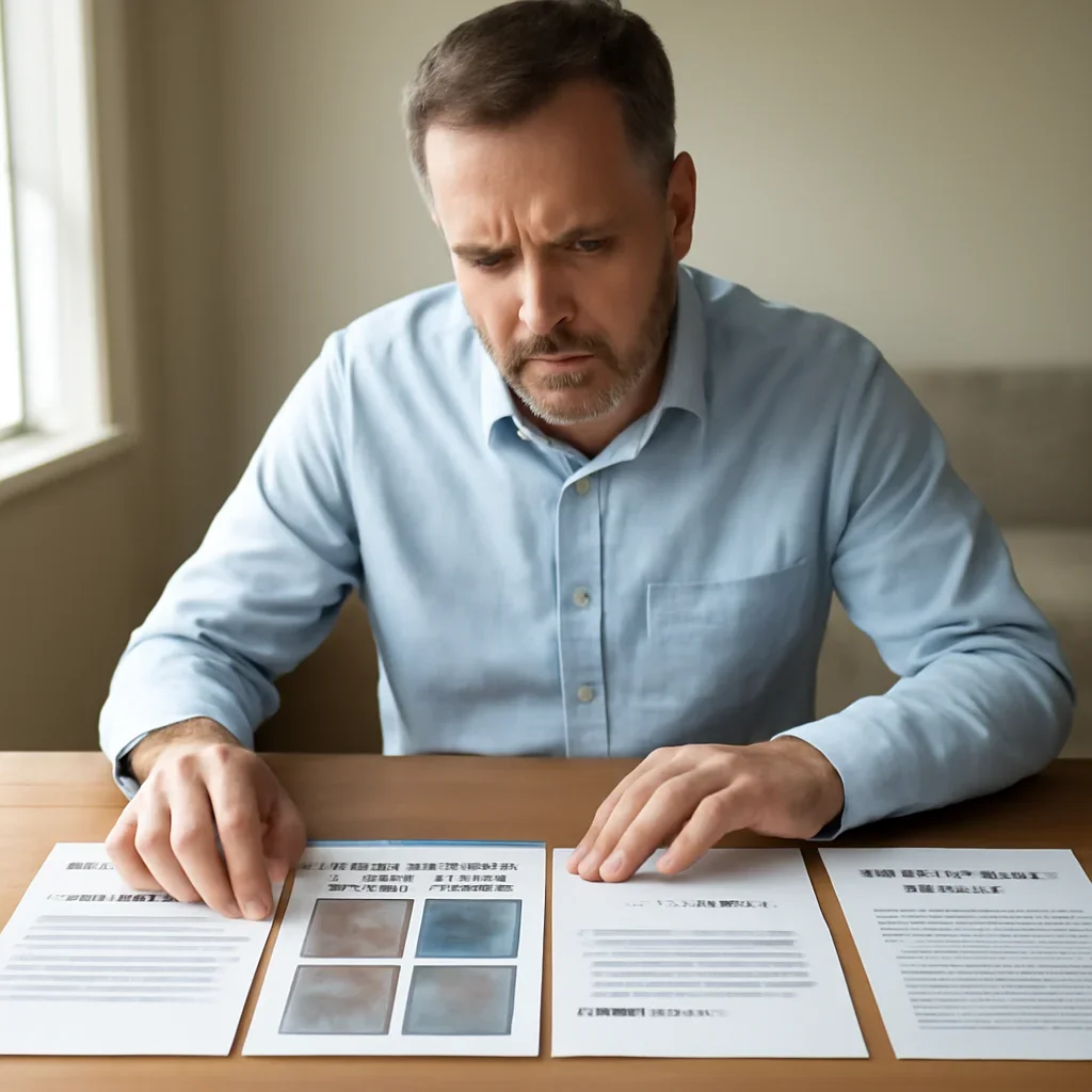 Property owner making a final roofing insurance decision after comparing options