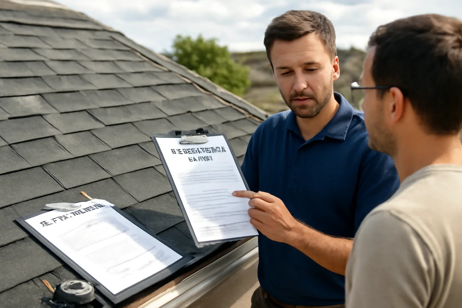 Editorial scene illustrating how roofing companies work with insurance claims with roof inspection materials