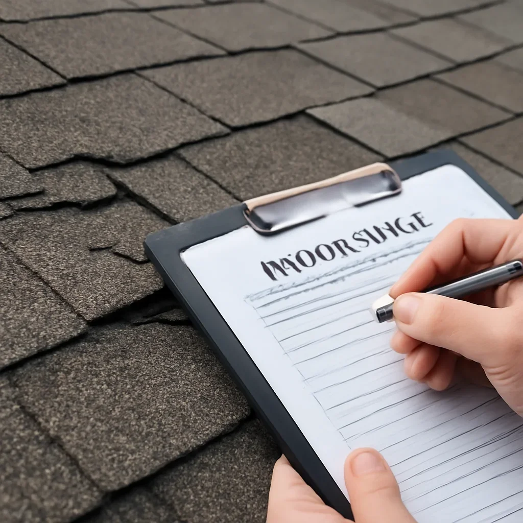 Close-up visual related to documenting roof damage for an insurance claim with paperwork and roof details