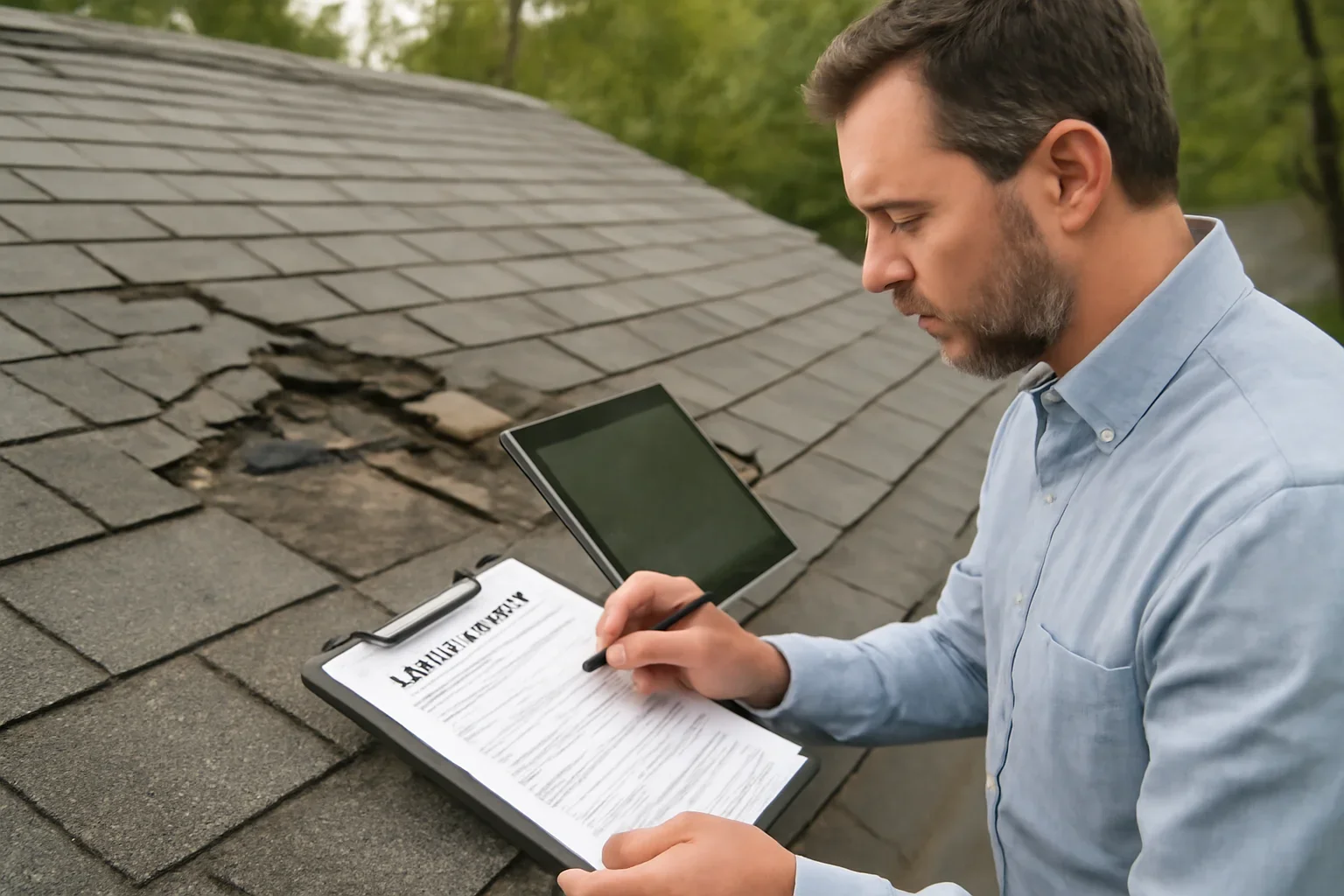 Editorial scene illustrating documenting roof damage for an insurance claim with roof inspection materials