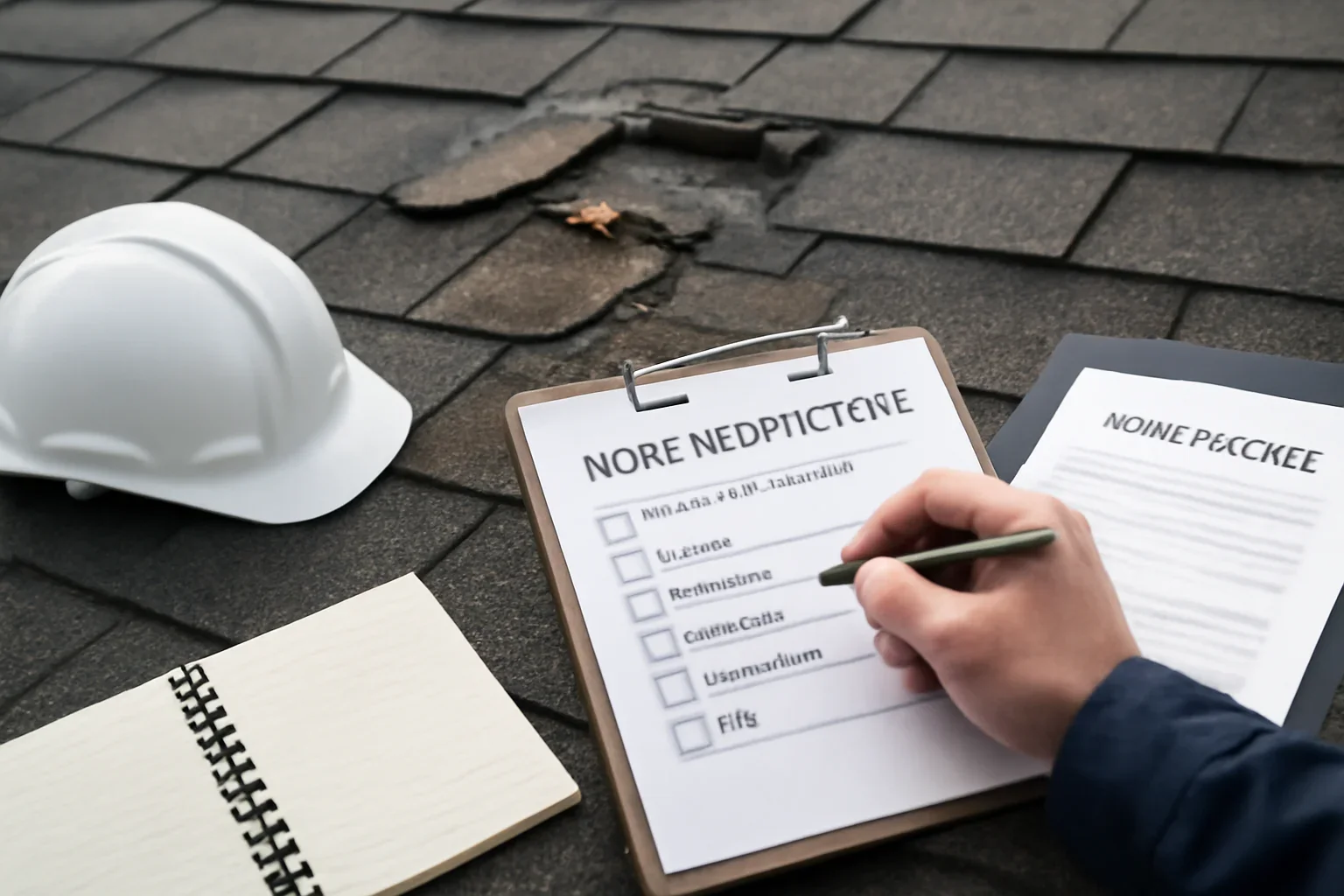 Editorial scene illustrating a roof inspection checklist after a storm with roof inspection materials