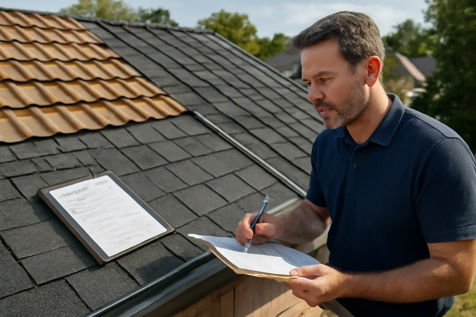 Editorial scene illustrating roof types that affect insurance rates with roof inspection materials