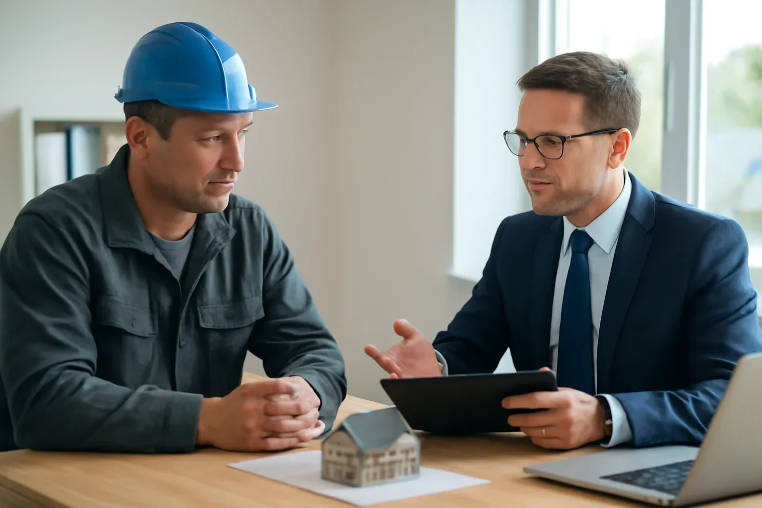 Roofing business owner meeting with an insurance advisor about business coverage