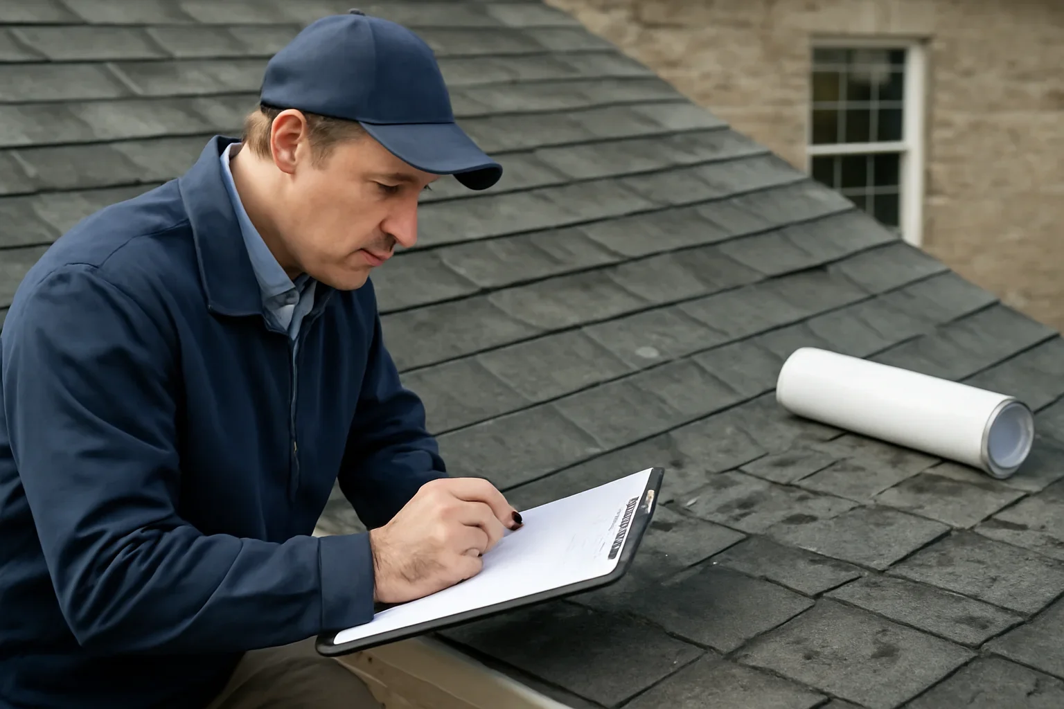 Editorial scene illustrating what insurance adjusters look for after hail damage with roof inspection materials