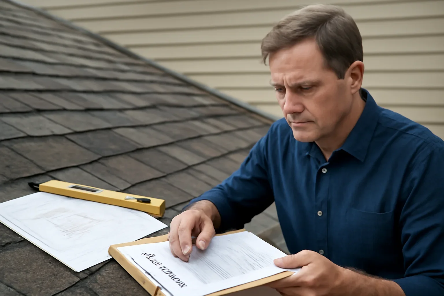 Editorial scene illustrating what to do if home insurance is cancelled because of your roof with roof inspection materials