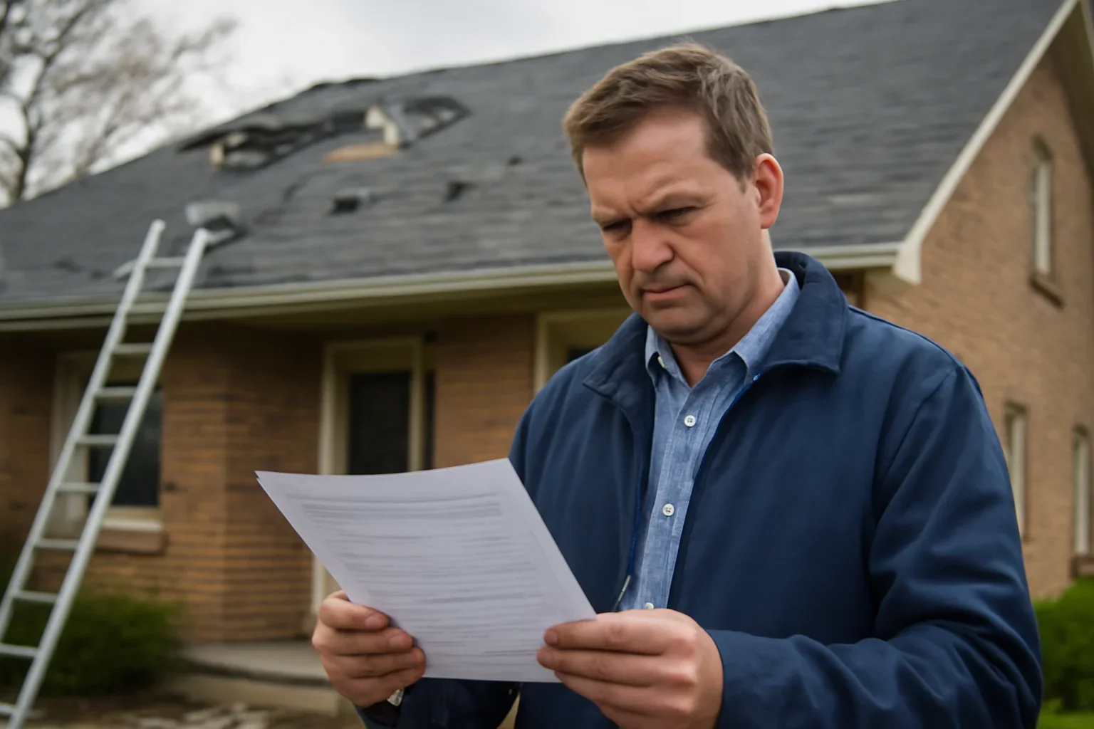 Homeowner reviewing roof damage documents after a storm