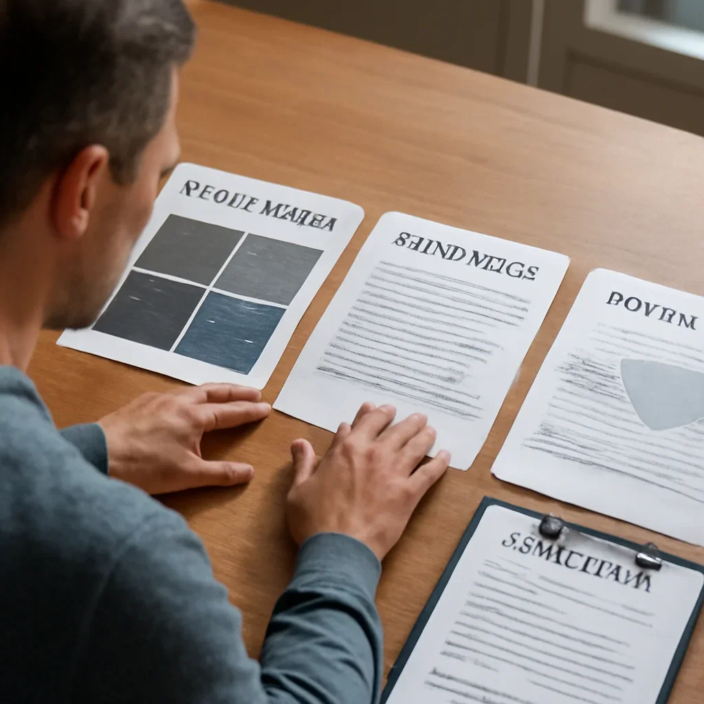 Property owner making a final roofing insurance decision after comparing options