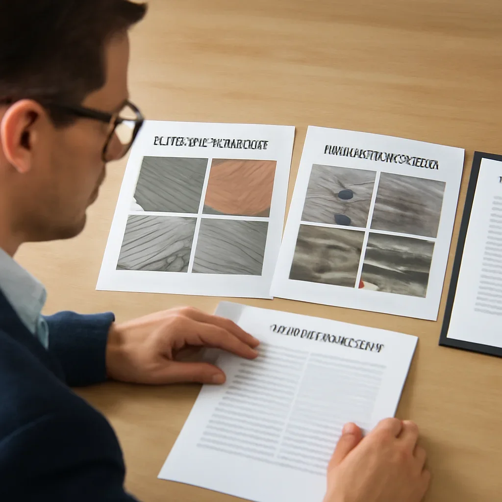 Advisor reviewing roof options, damage photos, and coverage notes during a comparison