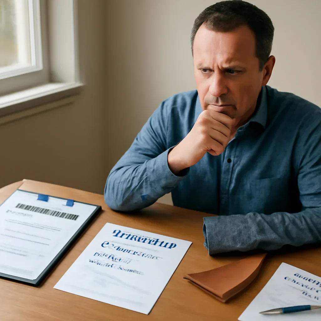 Property owner making a final roofing insurance decision after comparing options