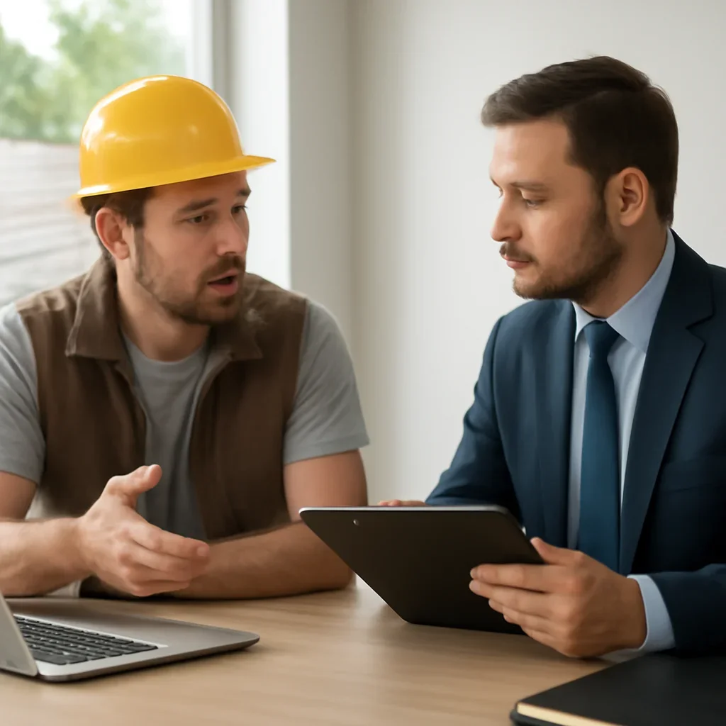 Roofing business owner discussing next coverage steps with an insurance advisor