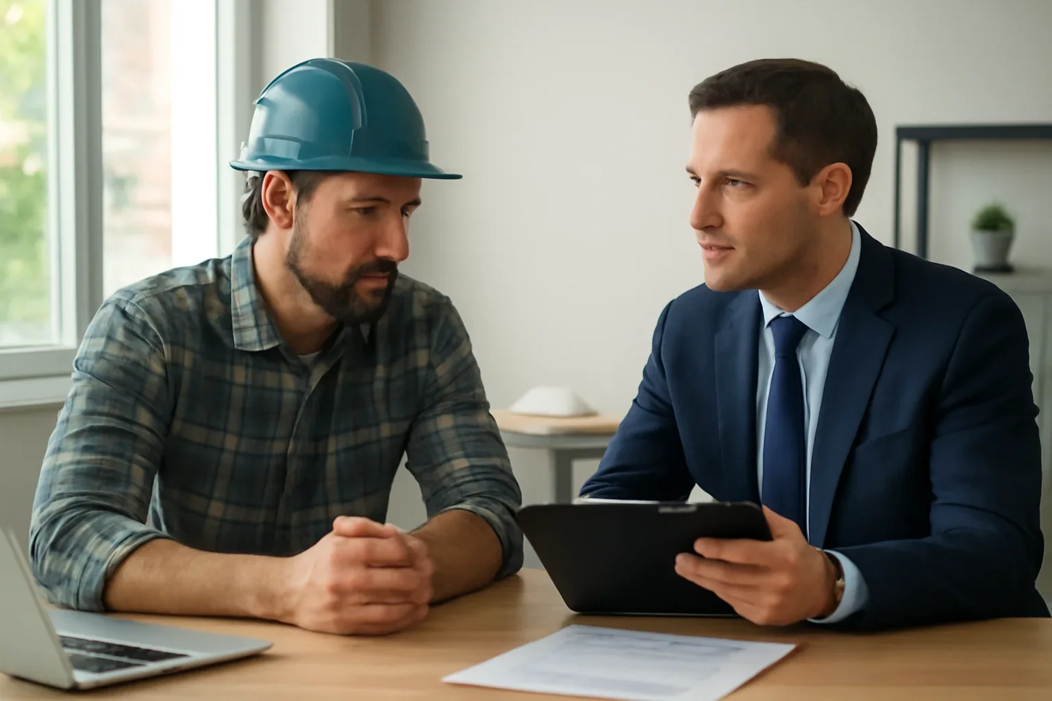 Roofing business owner meeting with an insurance advisor about business coverage