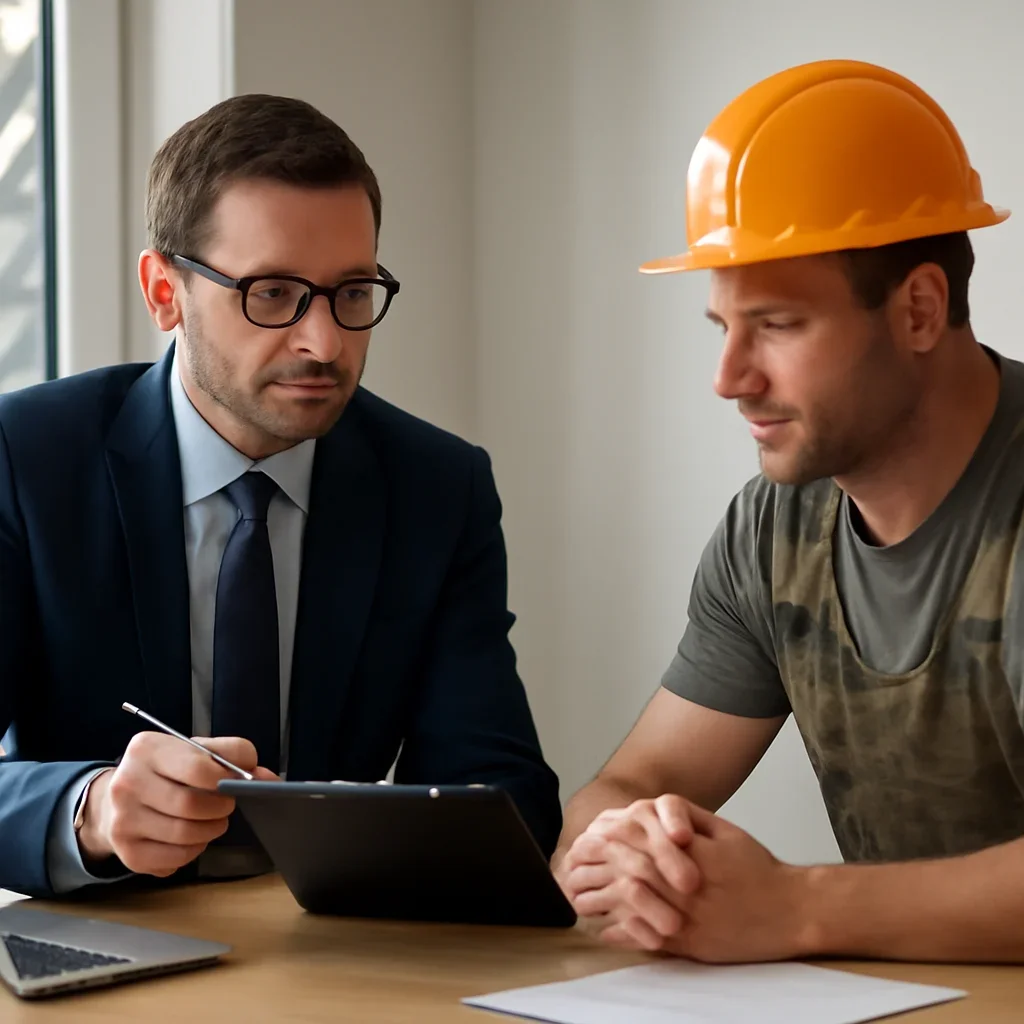 Advisor and roofing company owner discussing policy requirements and jobsite risk