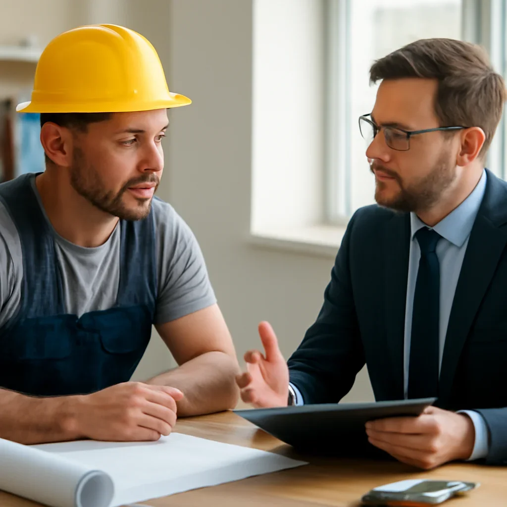 Roofing business owner discussing next coverage steps with an insurance advisor