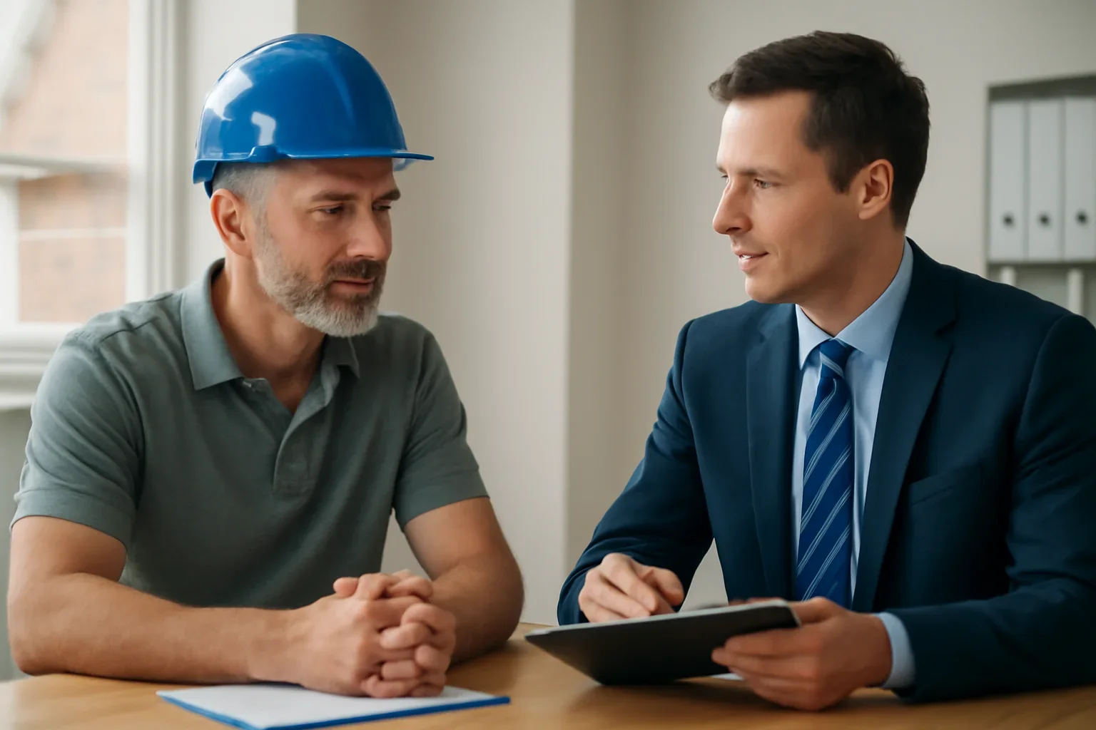 Roofing business owner meeting with an insurance advisor about business coverage