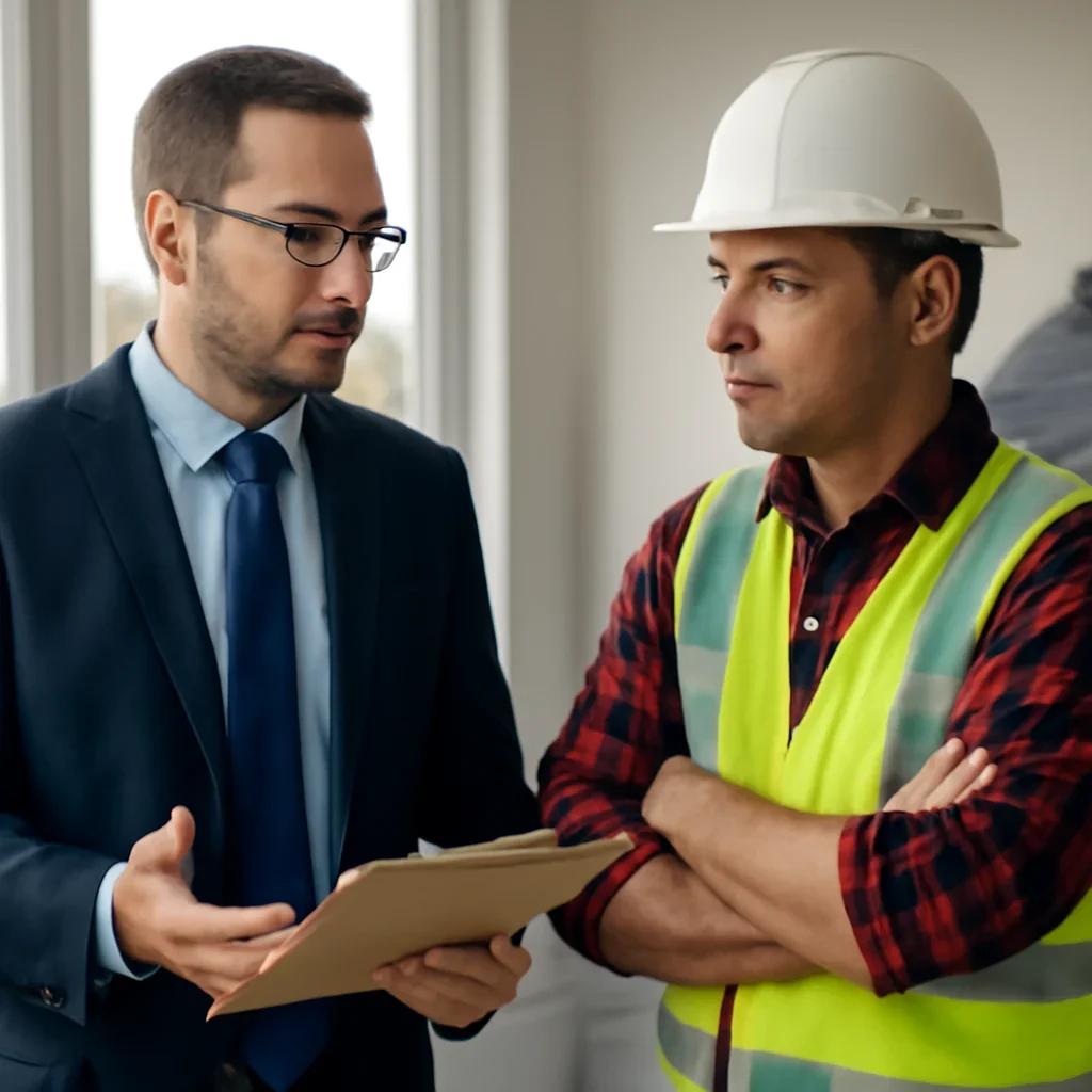 Advisor and roofing company owner discussing policy requirements and jobsite risk