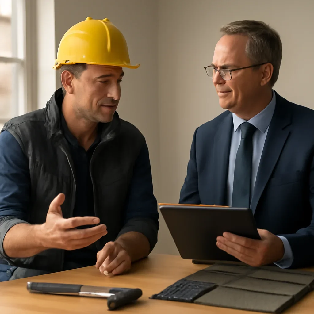 Roofing business owner discussing next coverage steps with an insurance advisor