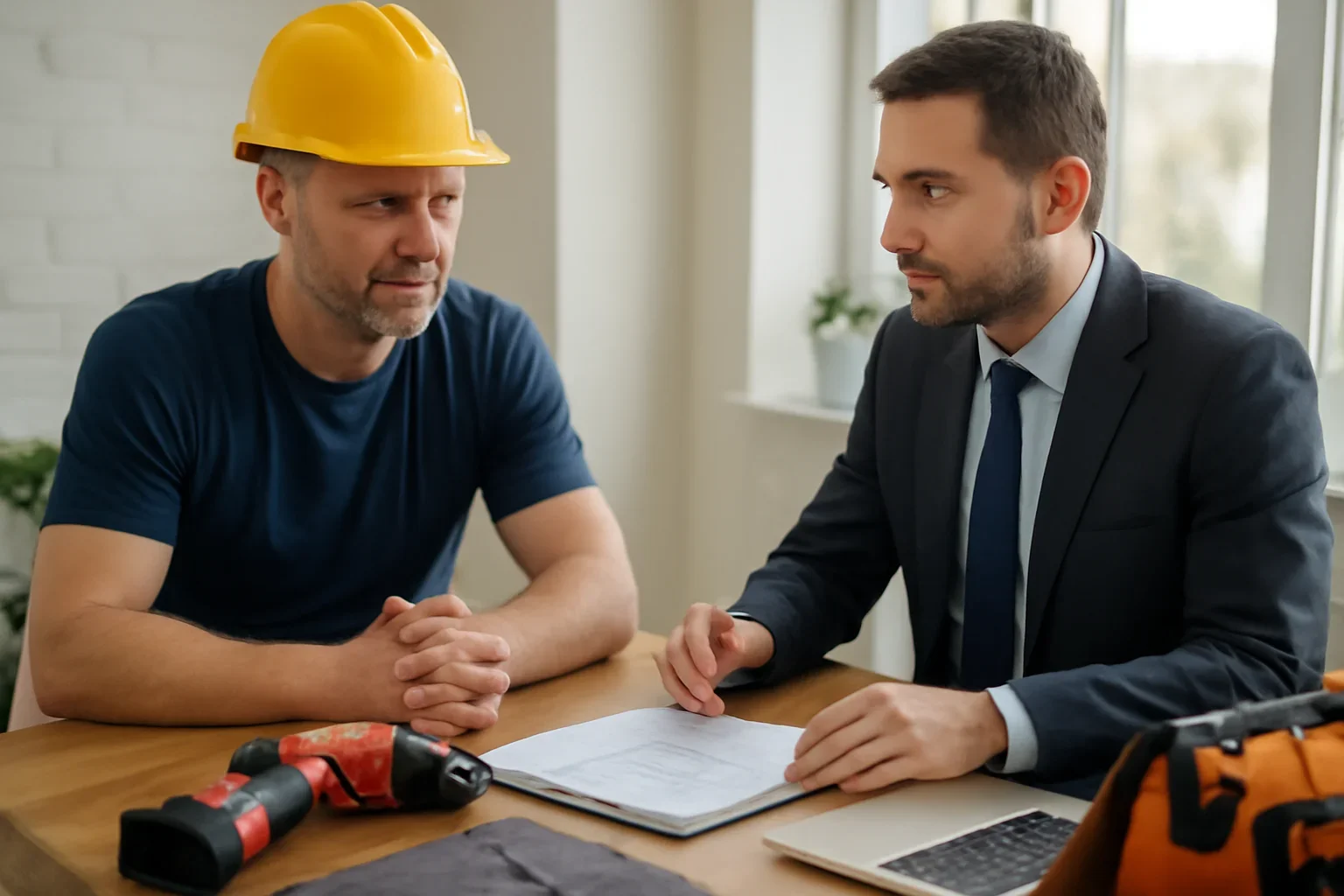 Roofing business owner meeting with an insurance advisor about business coverage