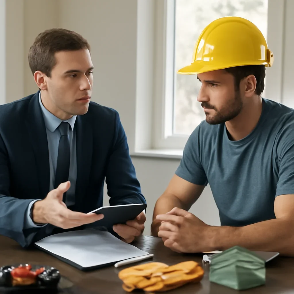 Advisor and roofing company owner discussing policy requirements and jobsite risk