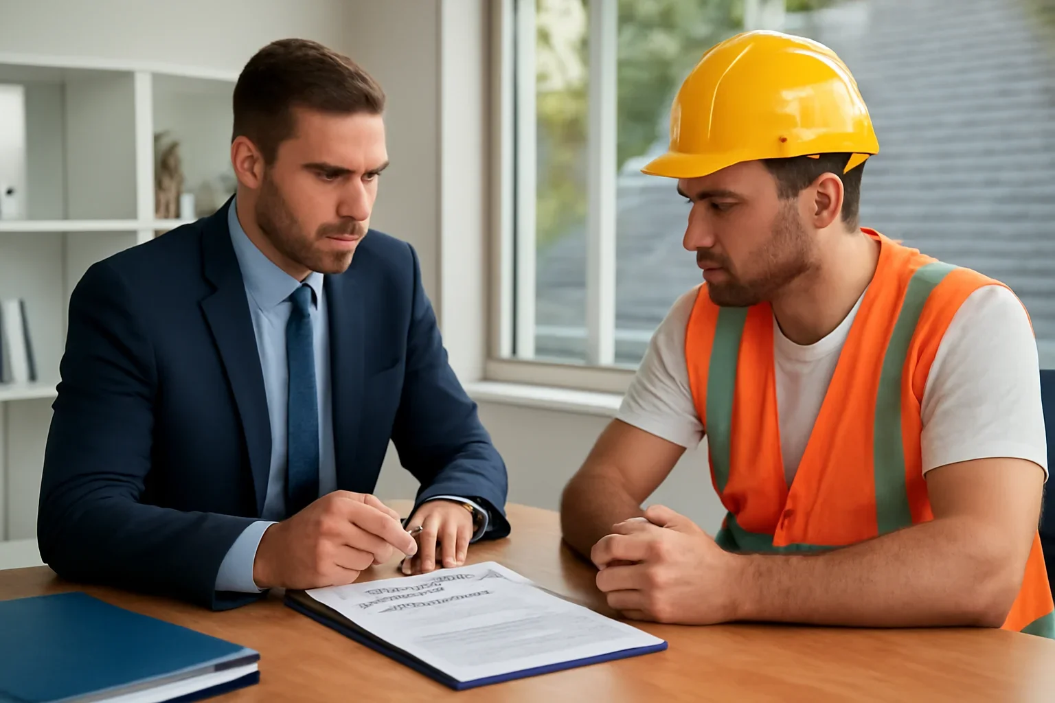 Roofing business owner meeting with an insurance advisor about business coverage