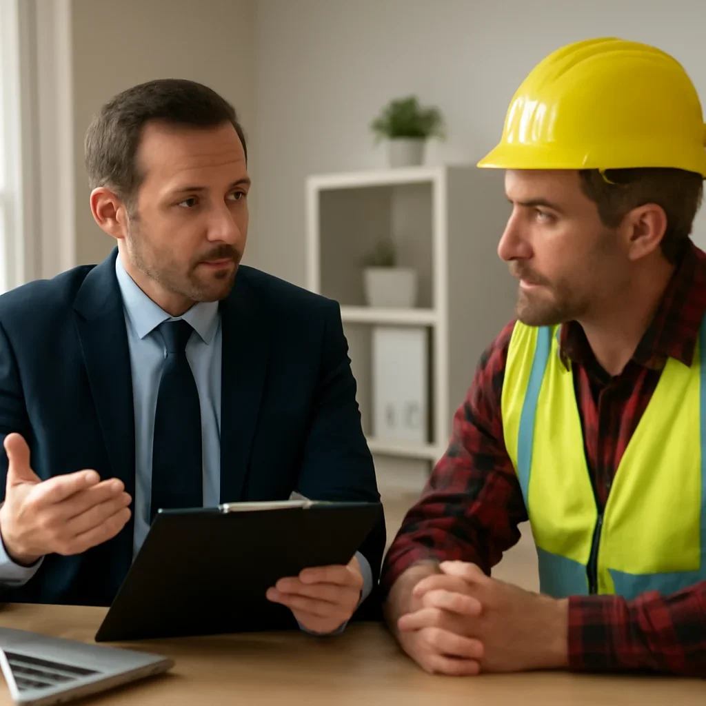 Advisor and roofing company owner discussing policy requirements and jobsite risk