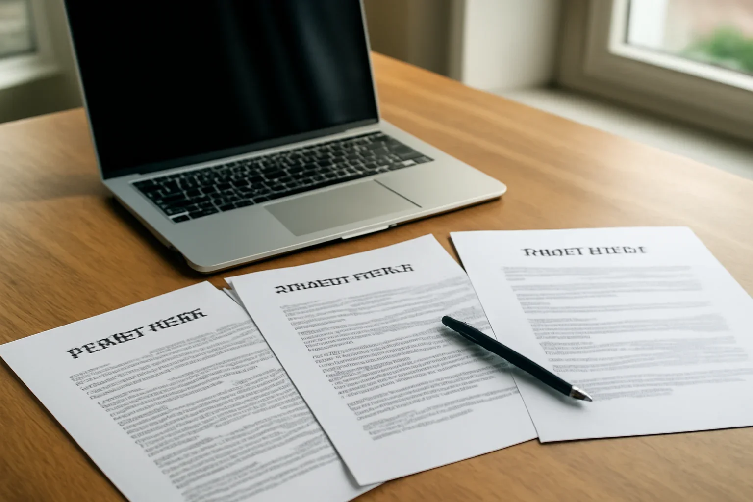 Professional desk scene with website policy documents and a laptop