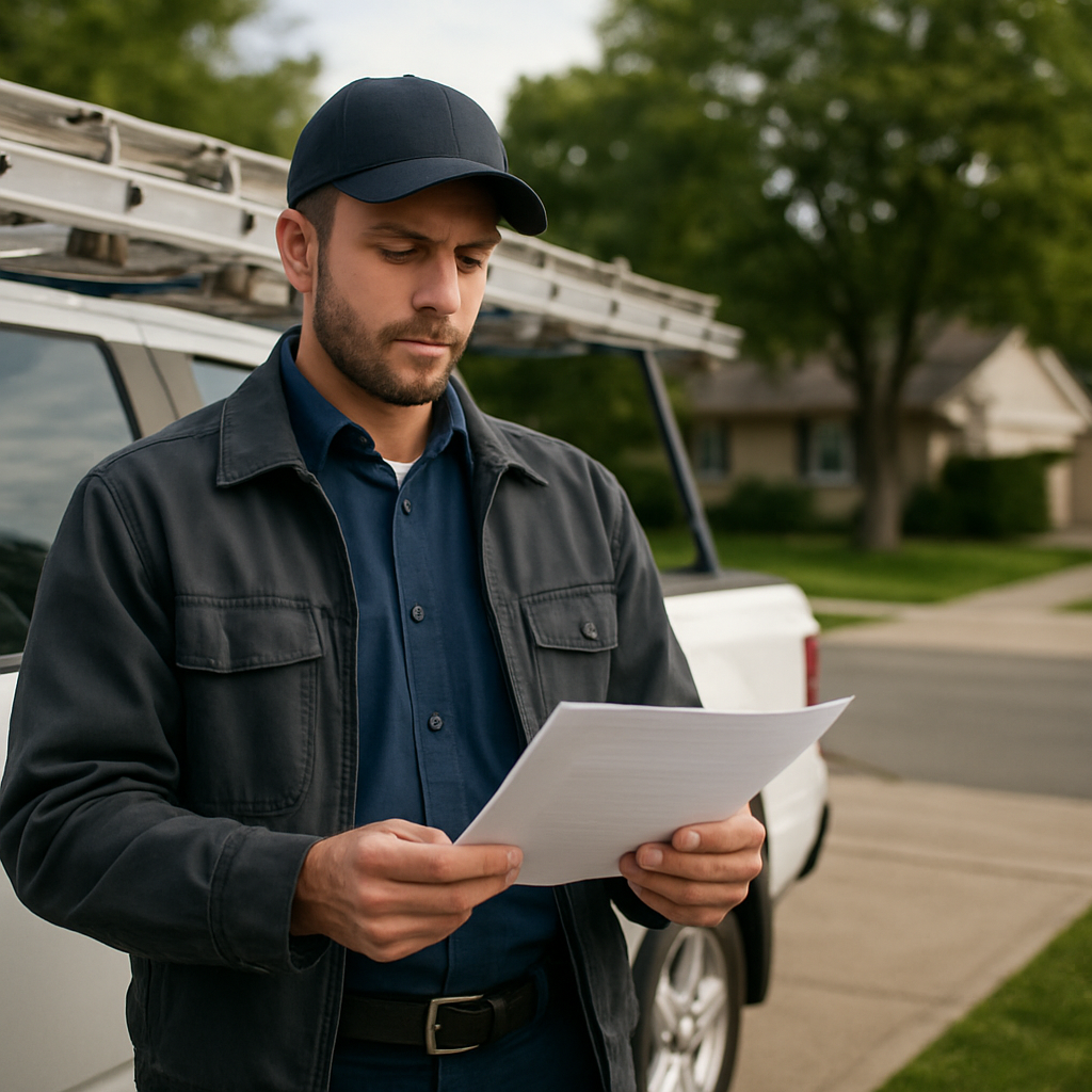 Ontario homeowner reviewing roof damage photos and claim paperwork