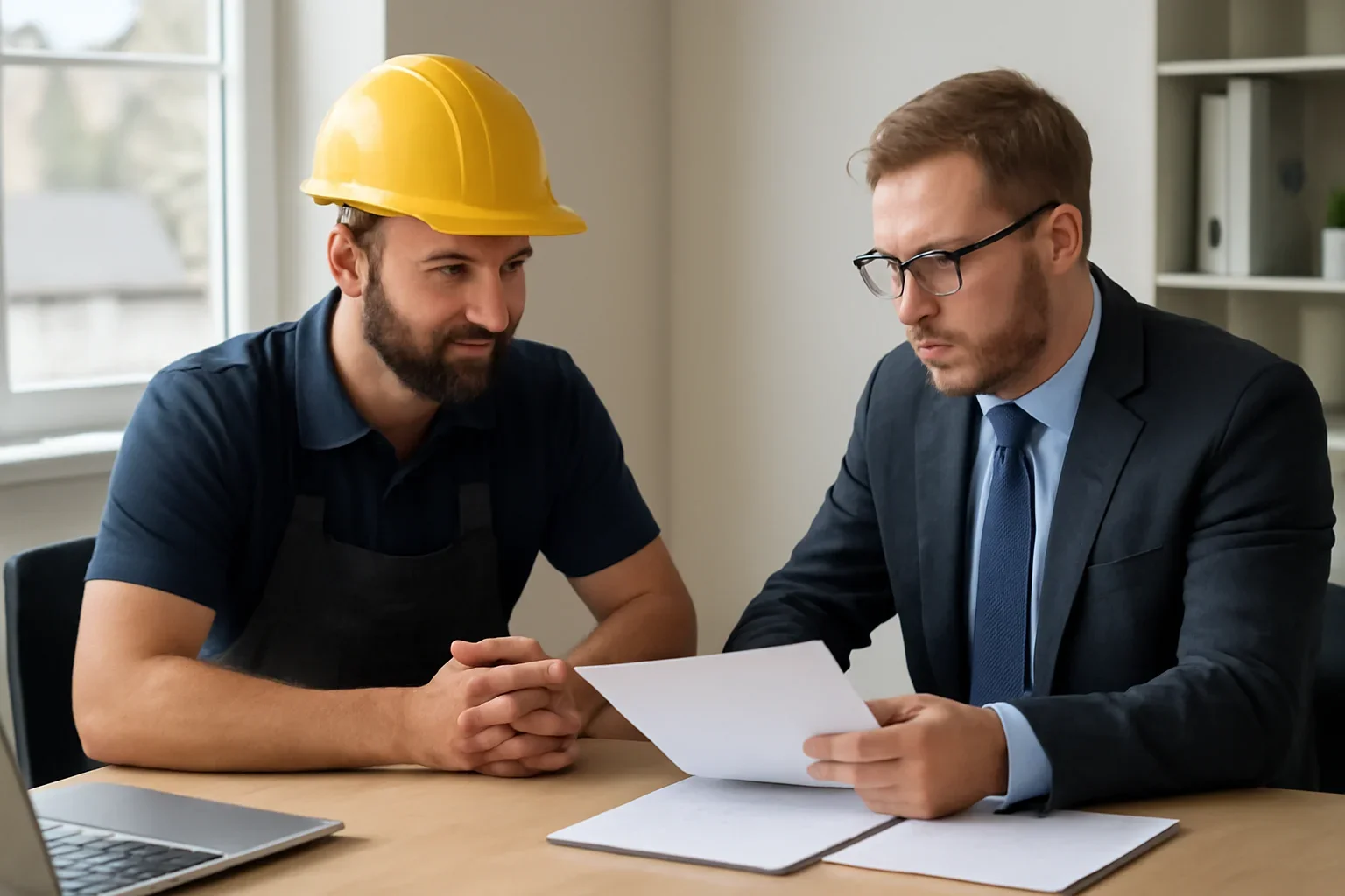 Roofing business owner meeting with an insurance advisor about business coverage