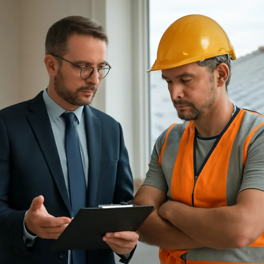 Advisor and roofing company owner discussing policy requirements and jobsite risk