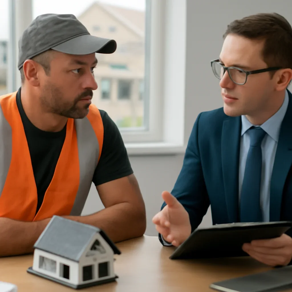 Roofing business owner discussing next coverage steps with an insurance advisor