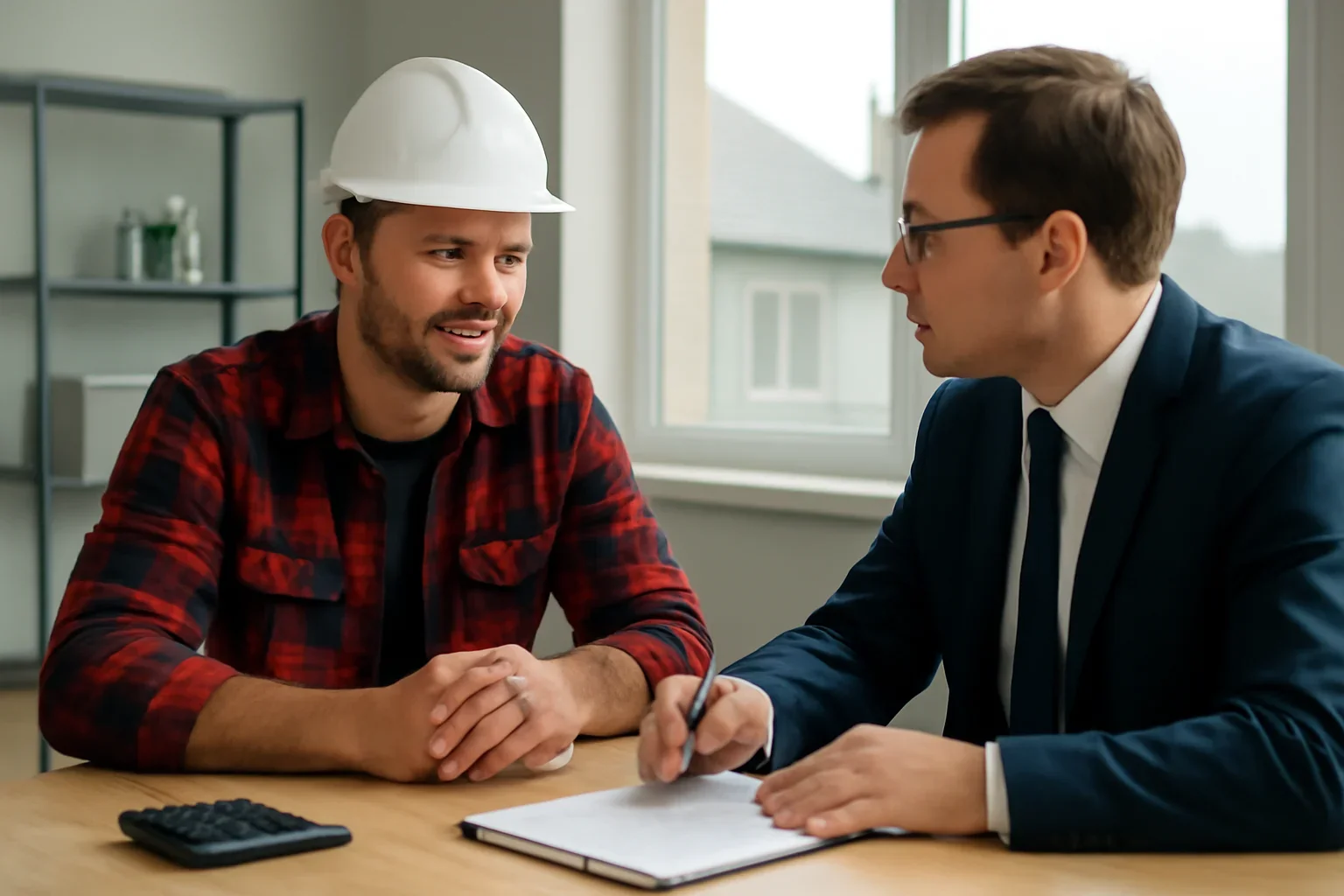 Roofing business owner meeting with an insurance advisor about business coverage