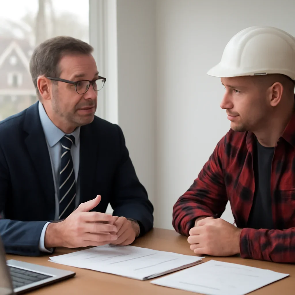 Advisor and roofing company owner discussing policy requirements and jobsite risk