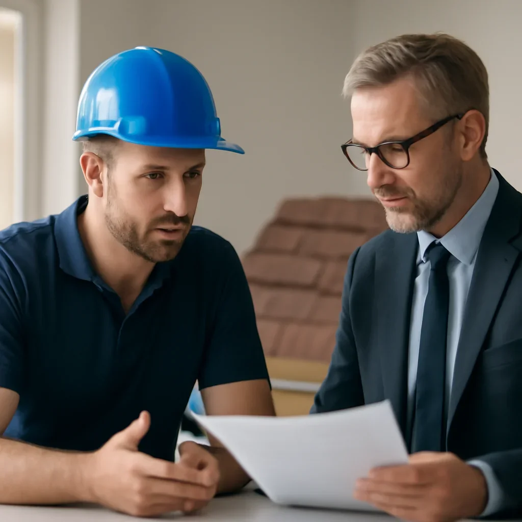Roofing business owner discussing next coverage steps with an insurance advisor