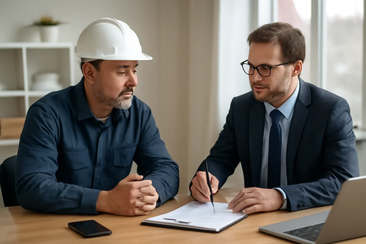 Roofing business owner meeting with an insurance advisor about business coverage