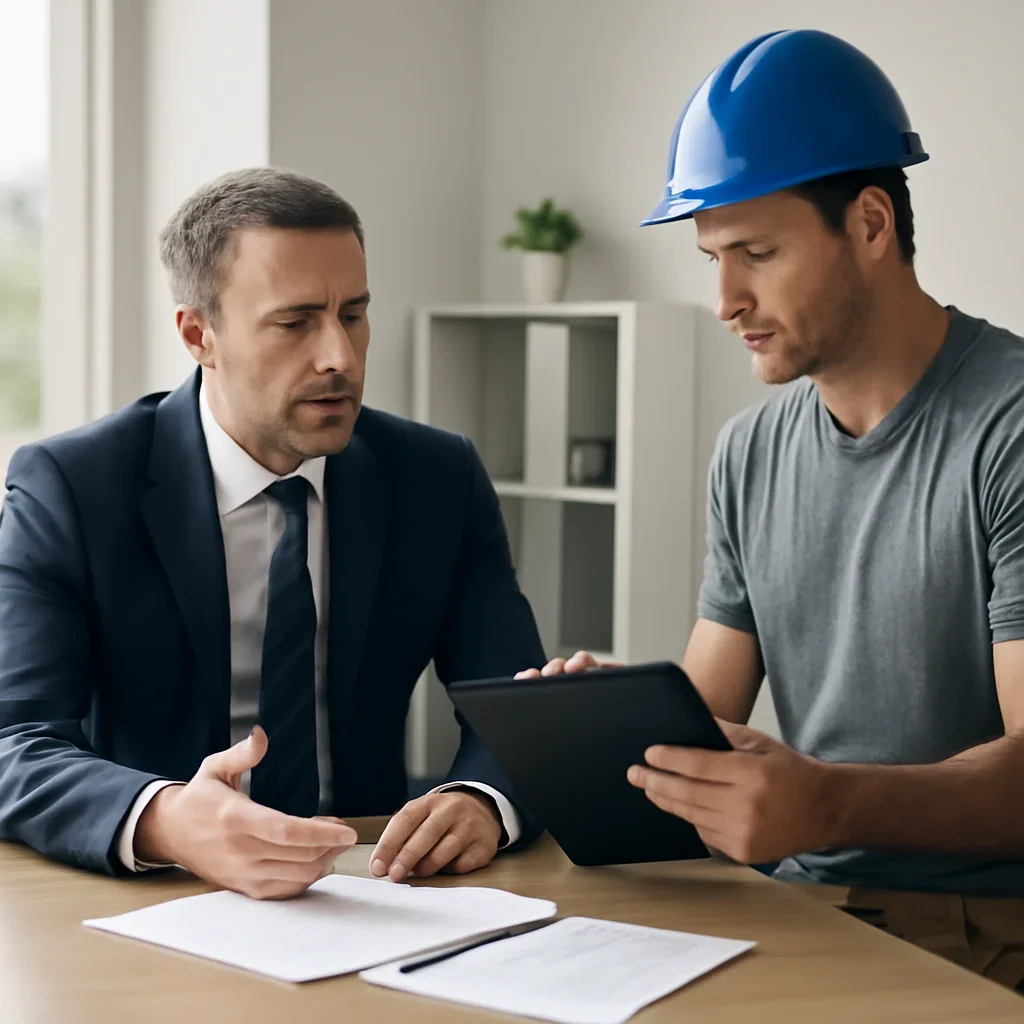 Advisor and roofing company owner discussing policy requirements and jobsite risk