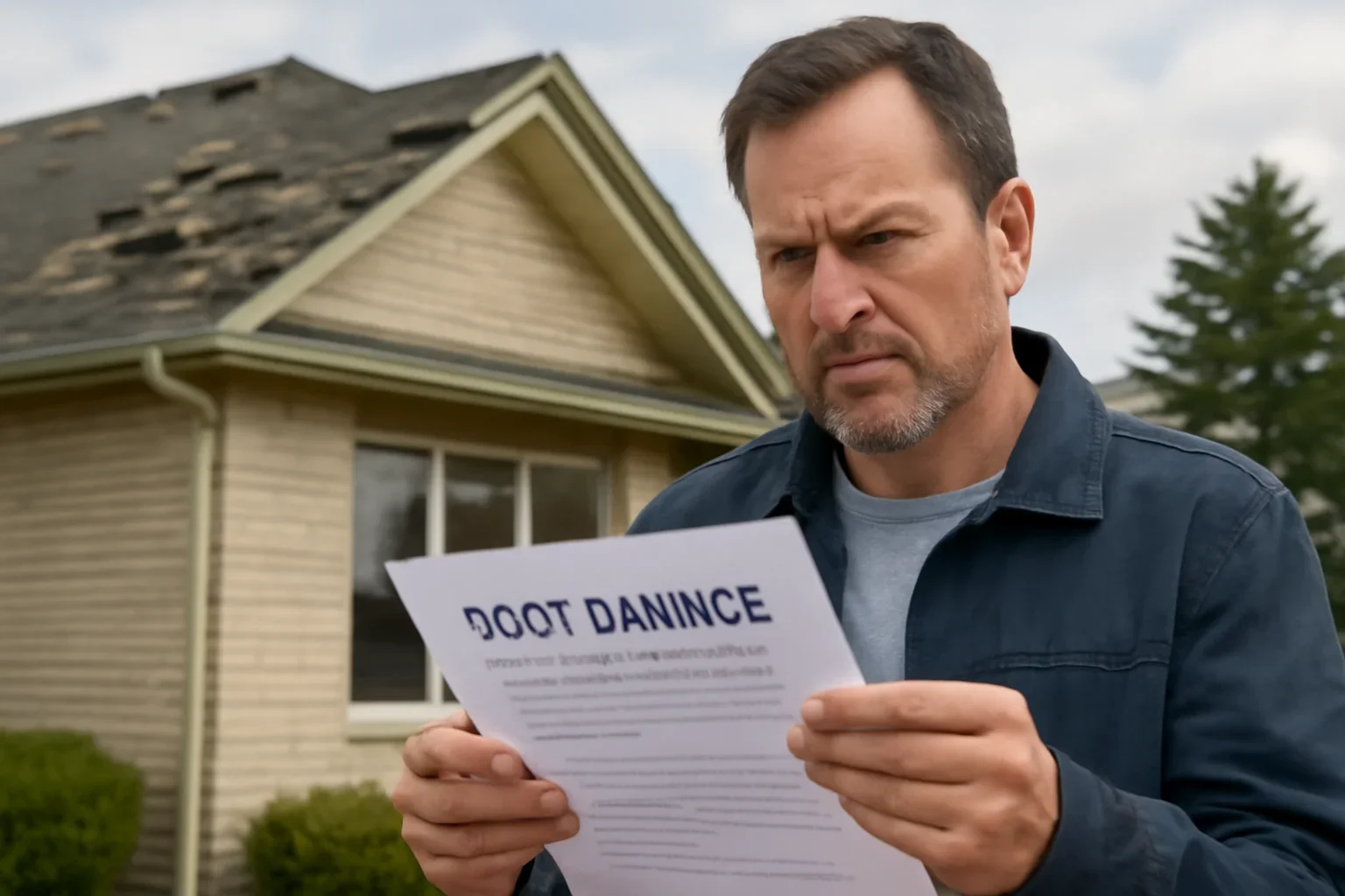Homeowner reviewing roof damage documents after a storm