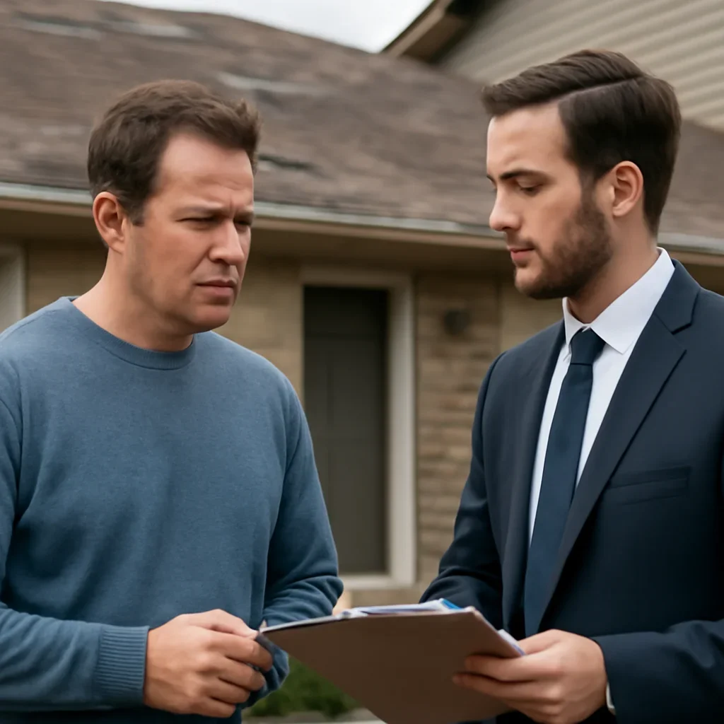 Homeowner discussing next steps for a roof insurance issue with an advisor